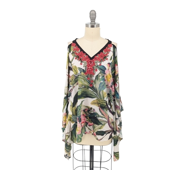 Alberto Makali Tropical Cold Shoulder Top Green Red XS bohemian coastal grandma - Picture 1 of 8